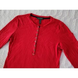 Lauren Ralph Lauren 3/4 Sleeve Solid Red Half Button Shirt Womens Large